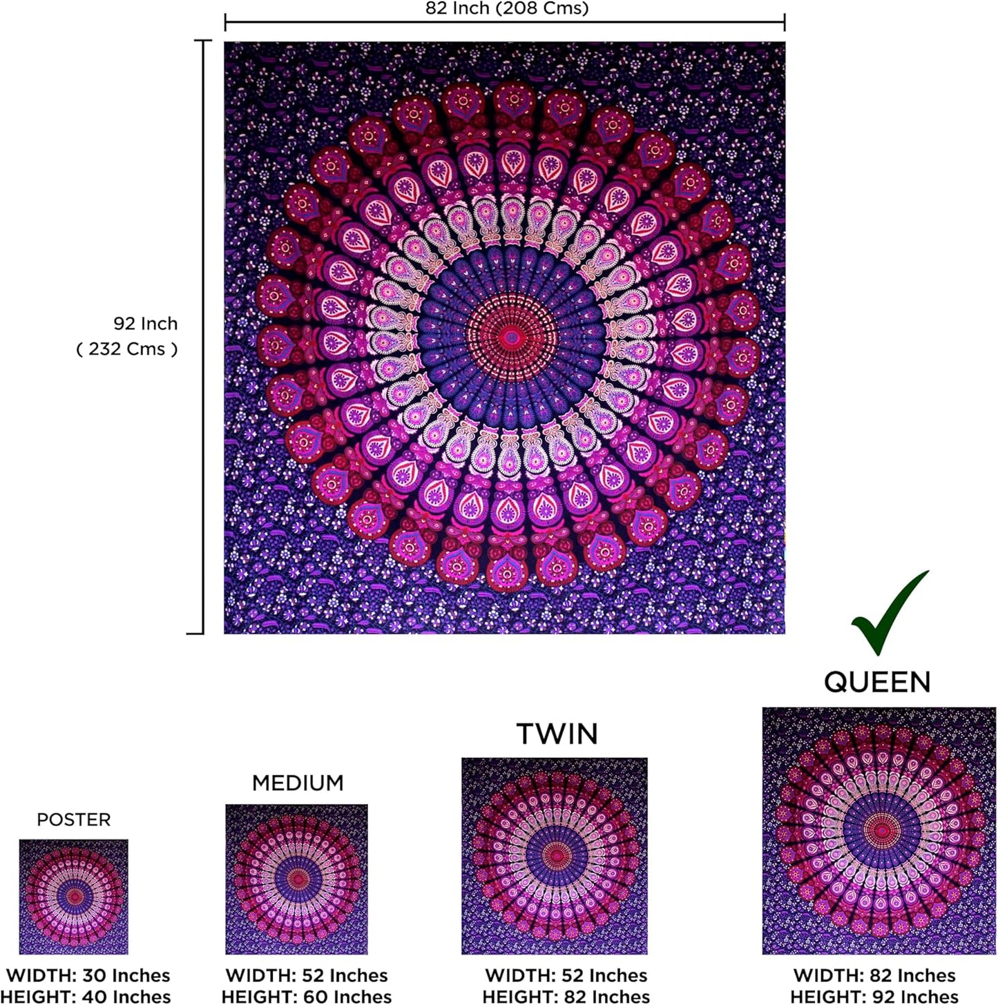 raajsee Indian Cotton Purple Tapestry Mandala Wall Hangings, Hippie Tapestries,Boho Throw Bohemian Bedding, Beach Blanket, Yoga Meditation Rugs Queen Bedspread Queen (82x92 Inches / 210x232 Cms)