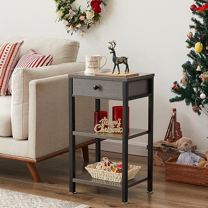 VECELO Tall End Side Table,Nightstand with Adjustable Shelf and Bin Drawer for Living Room/Bedroom/Entryway Small Spaces