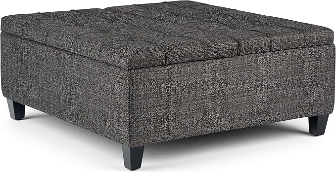 SIMPLIHOME Harrison 36 inch Wide Transitional Square Coffee Table Storage Ottoman in Ebony Tweed Look Fabric, Assembled, For the Living Room and Bedroom