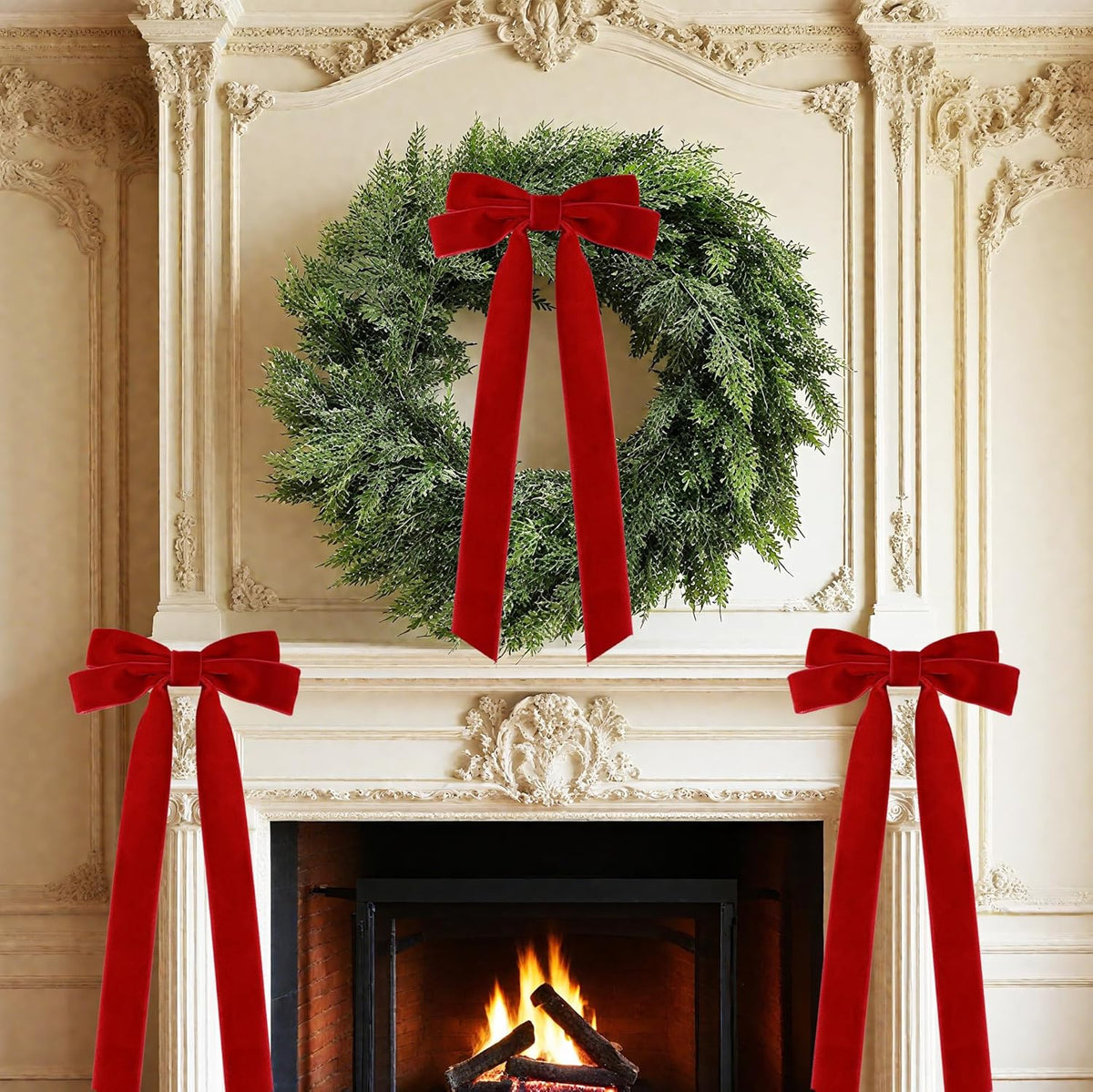Senjie Velvet Large Christmas Bows for Staircase Garland Wreath, 20in x 8in Vintage Ribbon Bows with Twist Tie for Xmas Tree Holiday Indoor Outdoor Decorations (6Pcs, Red)