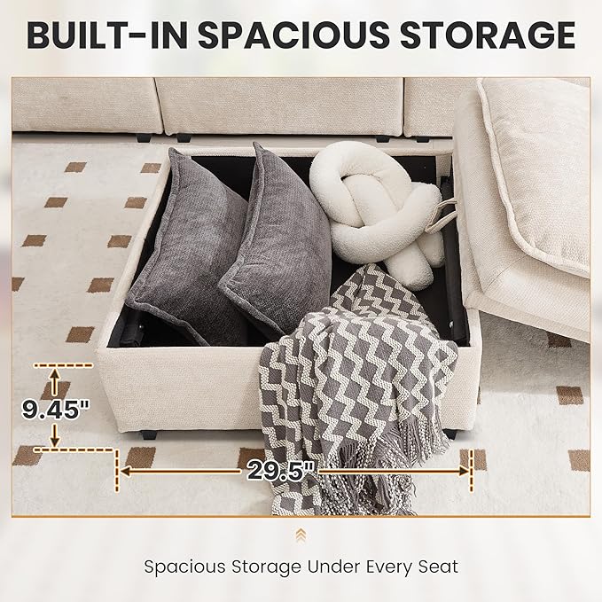 130" U Shaped Modular Sectional Sofa, Couch with Ottoman Storage, Chenille Cloud Couch with Plush Deep Seating for Living Room, Bedroom (9 Seat, Beige)