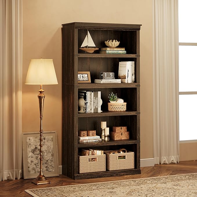IDEALHOUSE 5 Tier Bookcase, Farmhouse Book Shelf with Storage, 71" Tall Book Case Wooden 5 Shelf Bookcase for Home Office, Living Room, Bed Room (Cherry, 67.4" H x 31.5" W x 12.8" D)