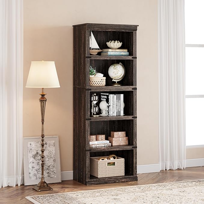 IDEALHOUSE 5 Tier Bookcase, Farmhouse Book Shelf with Storage, Tall Book Case Wooden 5 Shelf Bookcase for Home Office, Living Room, Bed Room(Oak, 67.4" H x 24.6" W x 12.8" D)