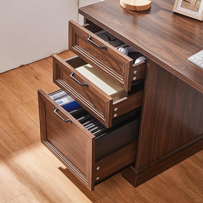 60" L-Shaped Executive Desk with 40" File Cabinet,Farmhouse Home Office Desk with Charging Station,Wood Computer Desk Set for Office Work,Home Study (Brown)