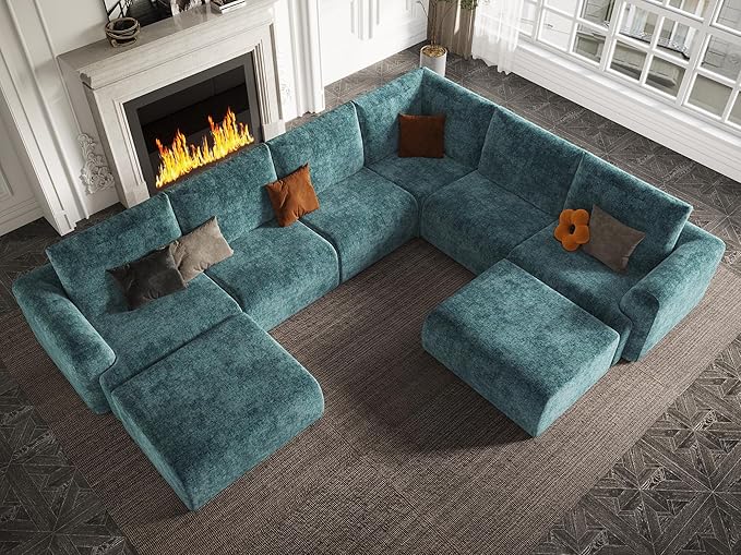 EASE MOOSE Oversized Sectional Cloud Couch, 8-Seat Modular Couch Set, Corner V-Shaped Deep-Seat Boneless Sofa, No-Assembly Chenille Sofa for Living Room, Blue