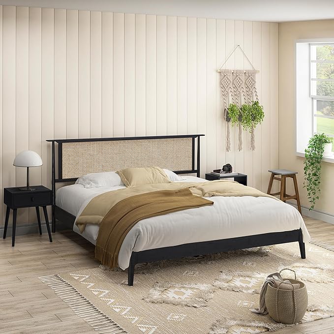 NTC Ruby Wooden Bed Frame with Headboard and Natural Rattan, Solid Oak Foundation with Silent Slats, 1000 Lb Capacity, Effortless Assembly, Queen - Burnt Black