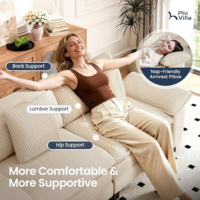 PHI VILLA Cloud Modular Couch Sets, 157.5" Sectional Sofa with U-Shaped Chaise Ottoman, 6-Seater Couches with Upholstered Deep Seat for Living Room, Chenille Corduroy Dual Fabric, Beige