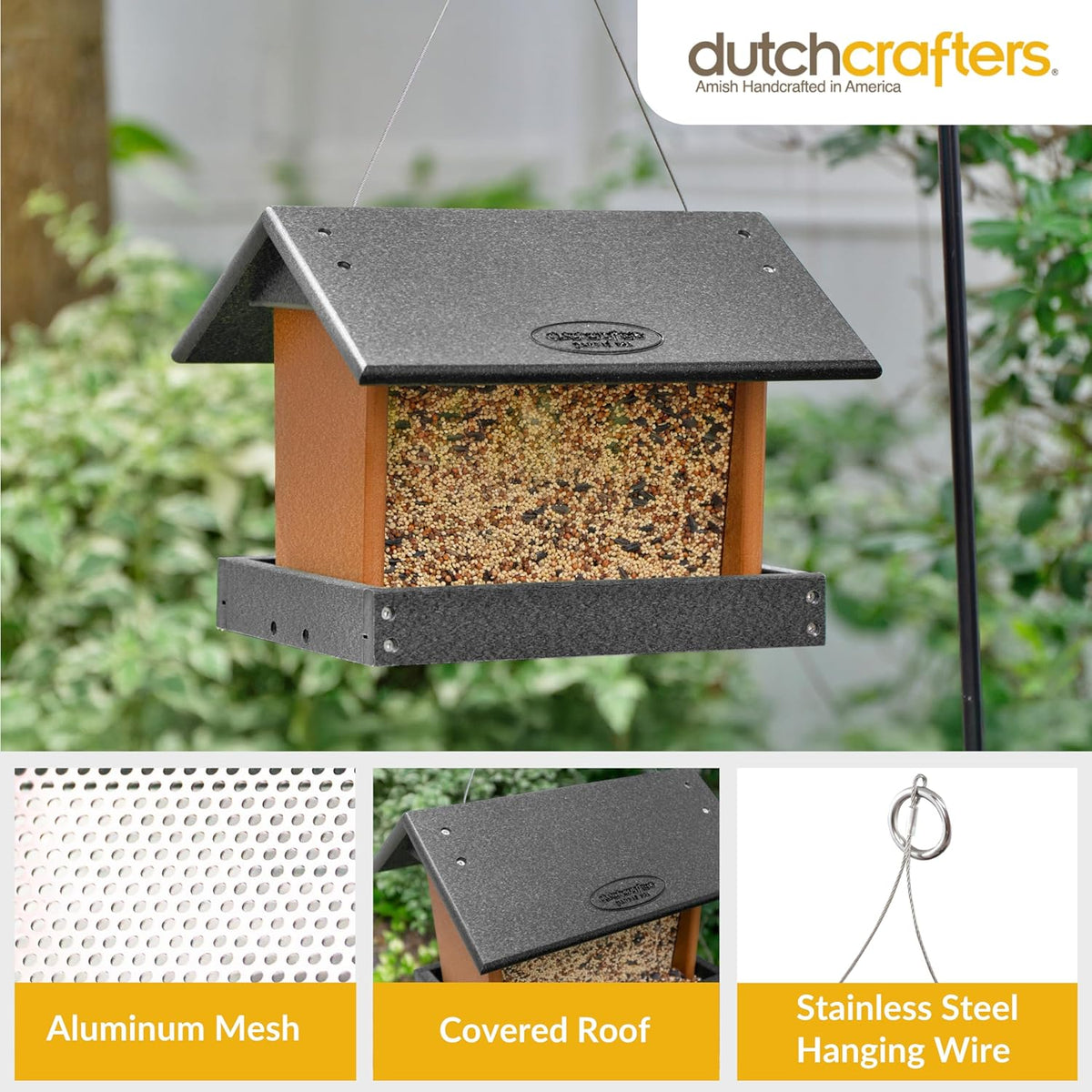Poly Hanging Hopper Bird Feeder, Large Hanging Bird Feeder for Outside, Outdoors - Amish American Made (Black & Cedar)