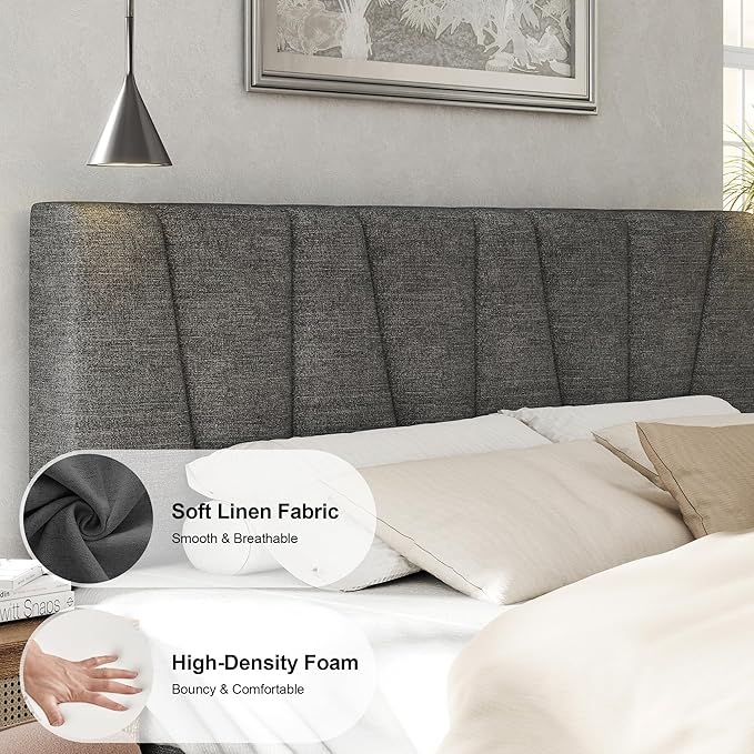 King Size Bed Frame with Fabric Upholstered Headboard, Platform Bed with Wooden Slats Support, Fully Mattress Foundation, Box Spring Optional, Easy Assembly