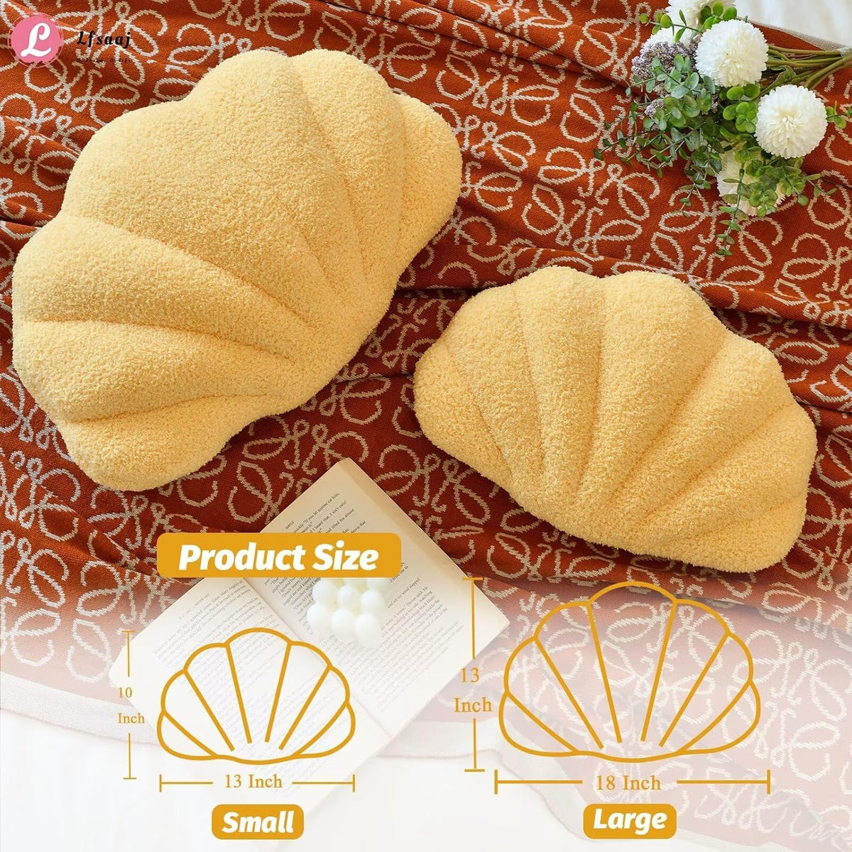 Yellow Seashell Throw Pillows, Shell Shaped Throw Pillows, 13 Inch Soft Home Decorative Pillow Plush Cushion for Bed Couch Living Sofa Room Decor Accent Throw Pillow