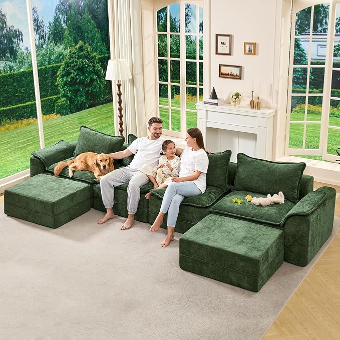 Hobestluk 152" Cloud Modular Sectional Couch 4-Seater Sofa with Ottomans U Shaped Couch Deep Seat Sofa with Removable Cover for Living Room (Green, 4-Seater Sofa with Two Ottomans)
