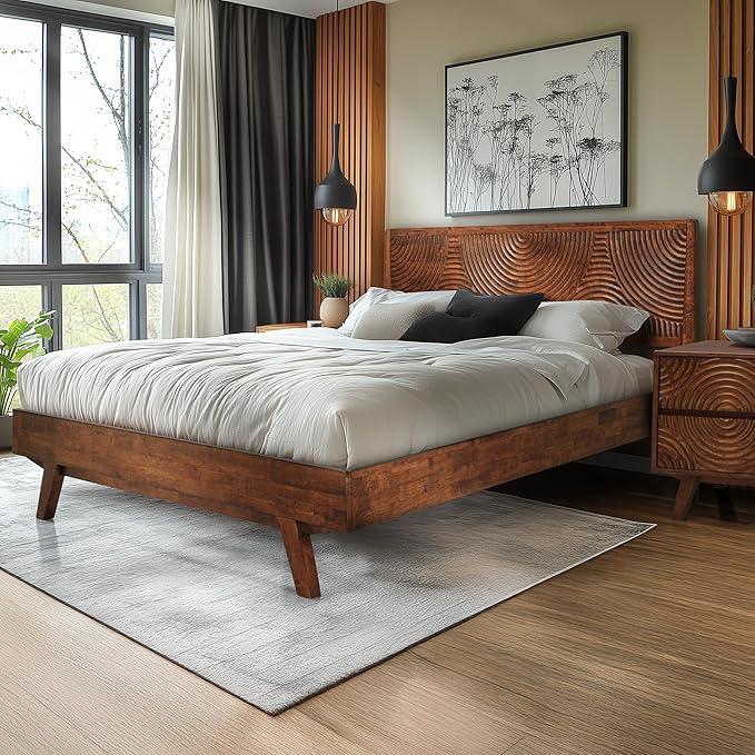 Acacia Harmony Queen Platform Bed Frame – Solid Rubber Wood, Walnut Finish, Mid-Century Style, Unique Wood Grain Pattern, 800lbs Capacity, No Box Spring Required, Easy Setup