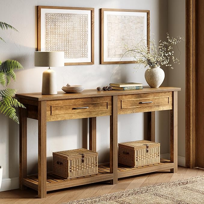 LITTLE TREE Modern Console Tables with 2 Drawers, Rustic 63 Inch Entryway Furniture, Behind Couch Table with Storage Shelf, for Living Room, Hallway, Entrance, Foyer, Rustic Brown