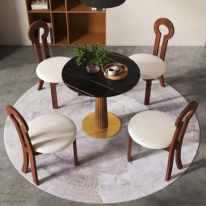 Sintered Stone Office Table and Chair Set - 33.5" Round Table for Small Offices (Light Brown Leg and Black Top, 1 Table and 4 Chairs)