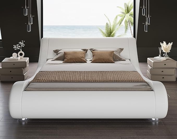 SHA CERLIN Queen Size Upholstered Bed Frame, Deluxe Low Profile Sleigh Bed with Faux Leather Ergonomics Headboard, No Box Spring Needed & Easy Assembly, White