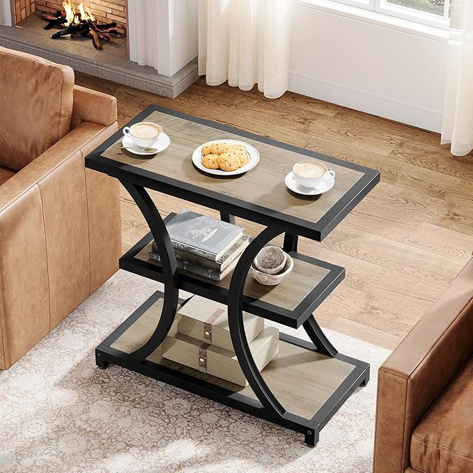 Tribesigns End Table with Storage, 3-Tier Side Table with Geometric Metal Design, Industrial Nightstand for Small Spaces, Living Room, Bedroom, Study Room (2, Grey)