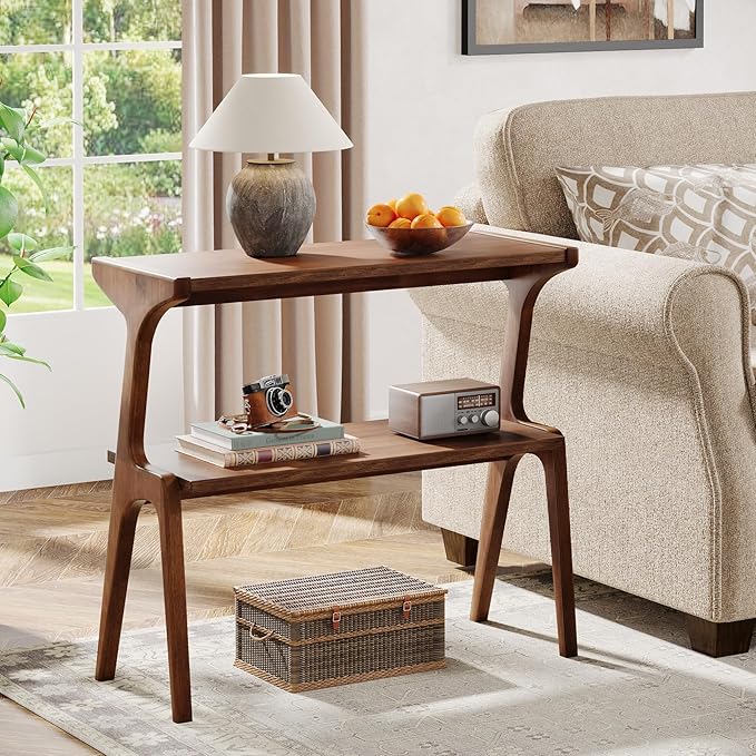 Tribesigns Set of 2 Solid Wood End Table, 2-Tier Farmhouse Couch Side Table, Rustic Tall Sofa Side Table with Storage Shelf for Living Room, Skinny Bedside Table, Nightstand for Bedroom, Rustic Brown
