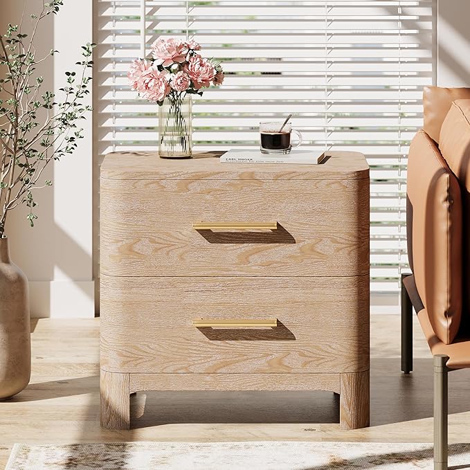 Christopher Knight Home Egbert Modern Nightstand with Drawers, Wooden Small Night Stand with Rounded Corners Design, Bedside Table/End Table for Bedroom, Multipurpose Storage Cabinet, Natural