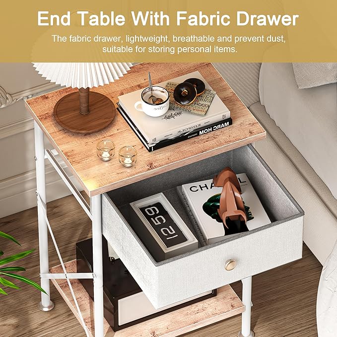 VECELO End Tables, Modern Nightstand with Fabric Drawer & Open Shelf, Night Stand for Bedroom Living Room, Industrial Metal Frame, Easy Assembly, Light Brown,1 Pack