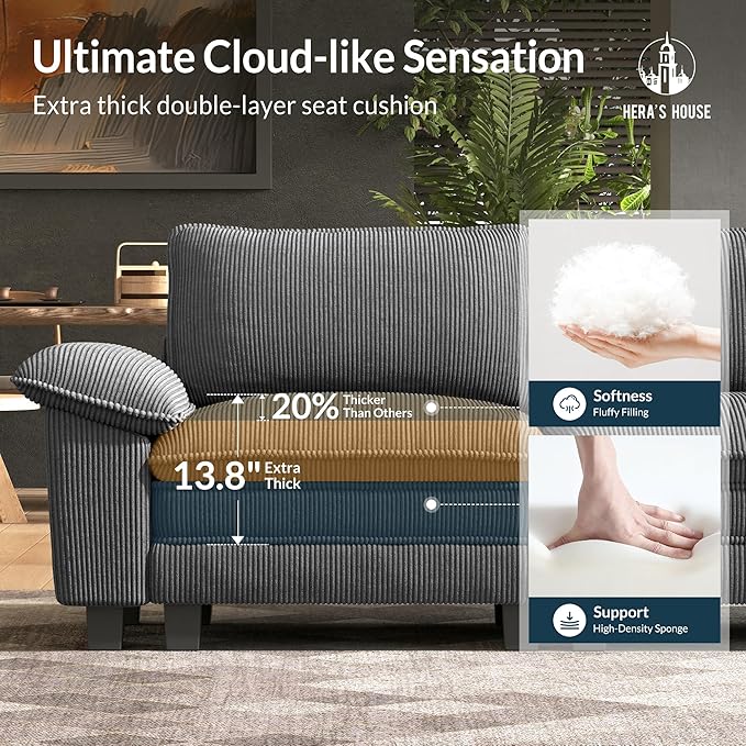 HERA'S HOUSE 124" Modular Sectional Sofa, Oversized L Shaped Couches for Living Room, Comfy Cloud Couch with Ottoman, 4-Seater Deep Seat Sofa with Throw Pillow, Corduroy Grey