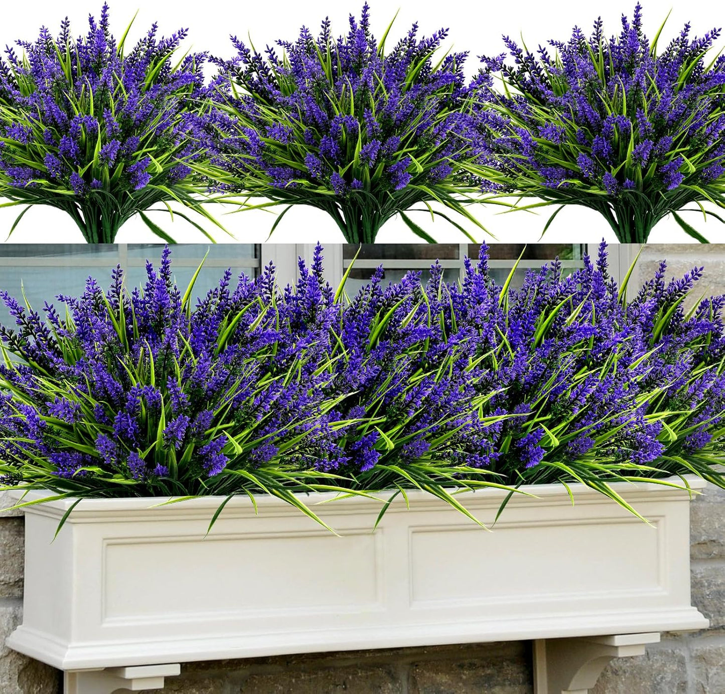 Geegoods 48 Bundles Artificial Plants Flowers Outdoor – Faux Lavender Flowers with Monkey Grass UV Resistant Plastic Faux Plants for Garden Porch Window Patio Hanging Planter Home Decor