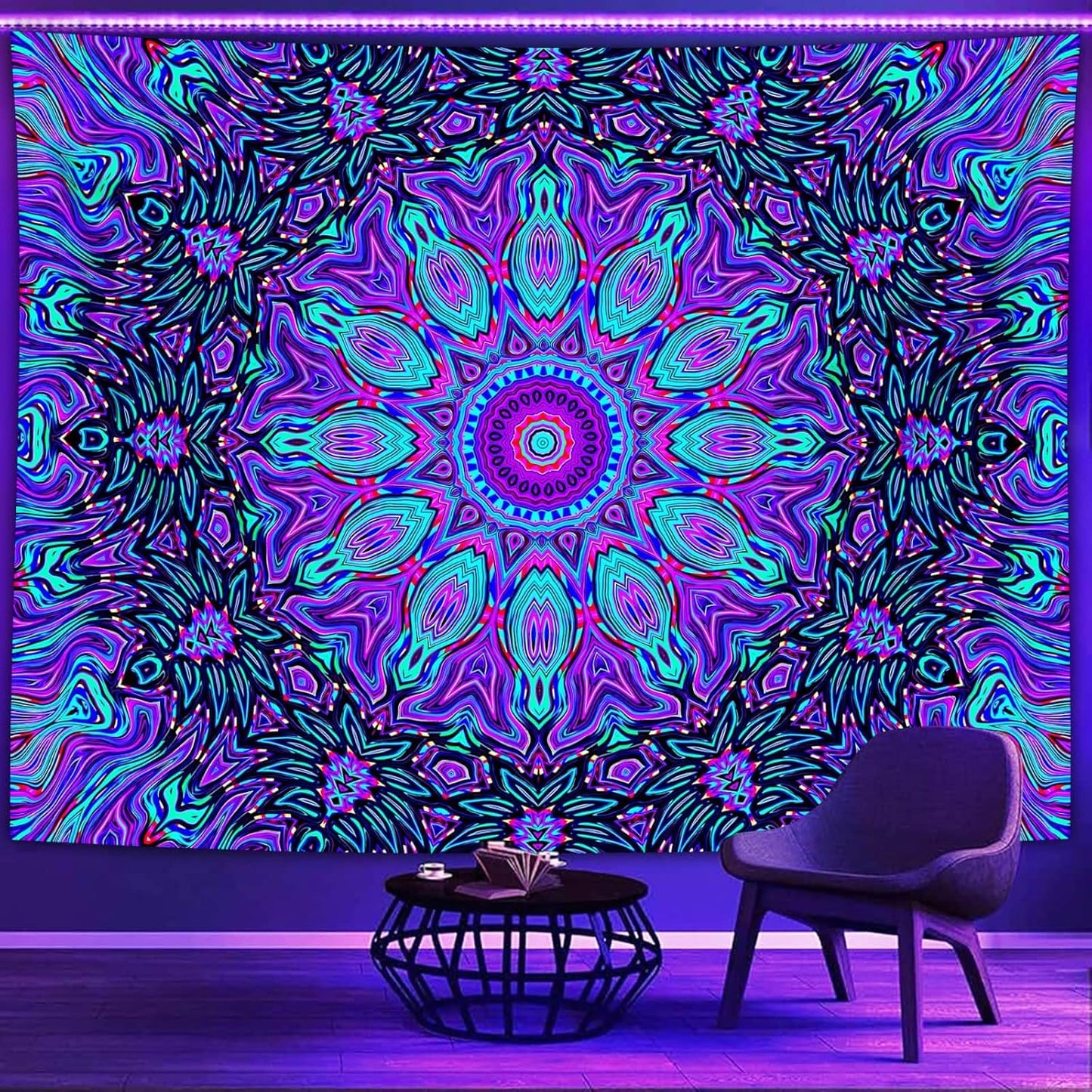 PSYHILAR Blacklight Mandala Tapestry for Bedroom, Psychedelic Black Light Posters for Adults and Teens, Neon UV Reactive Aesthetic Bohemian Art Wall Hanging Decor (80 x 60 Inches)