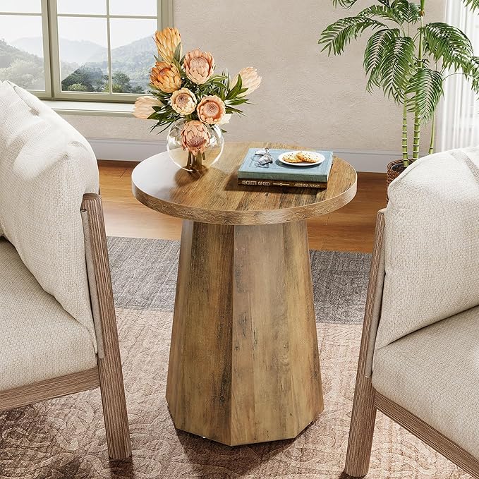Tribesigns Farmhouse Round End Table, Wooden Couch Side Table with Octagonal Base, Rustic Brown Nightstand Pedestal Accent Furniture for Living Room, Bedroom (2)