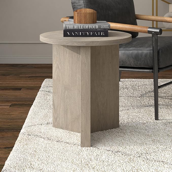 Henn&Hart 20" Wide Round Side Table in Antiqued Gray Oak, for Home, Living Room, Bedroom, Entertainment Room or Office