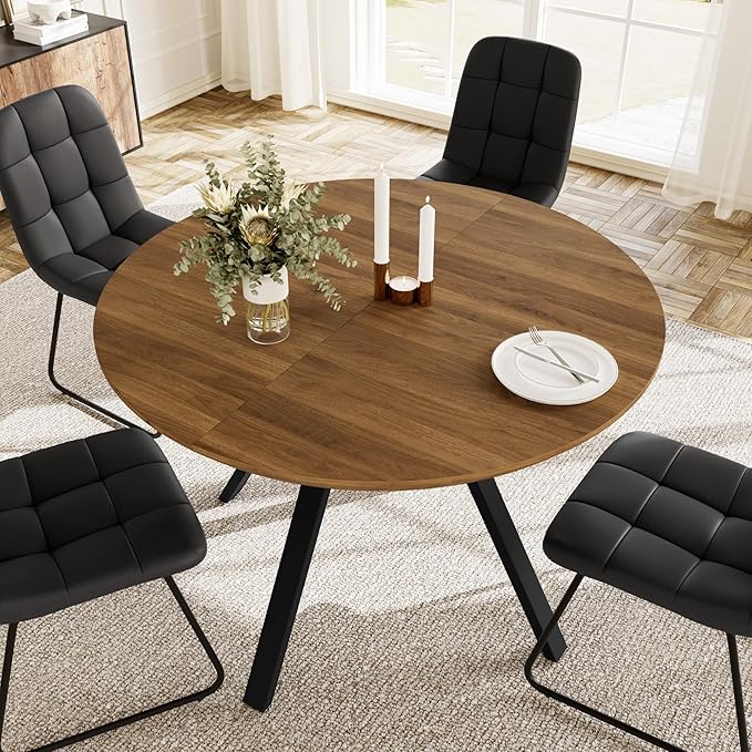 Extendable Round Dining Table Set for 4 People, 43.3"-59.1" Extendable Kitchen Table with 4 Upholstered Chairs, Space Saving for Kitchen Dining Room (Walnut Table+4 U-Shaped Black Chairs)