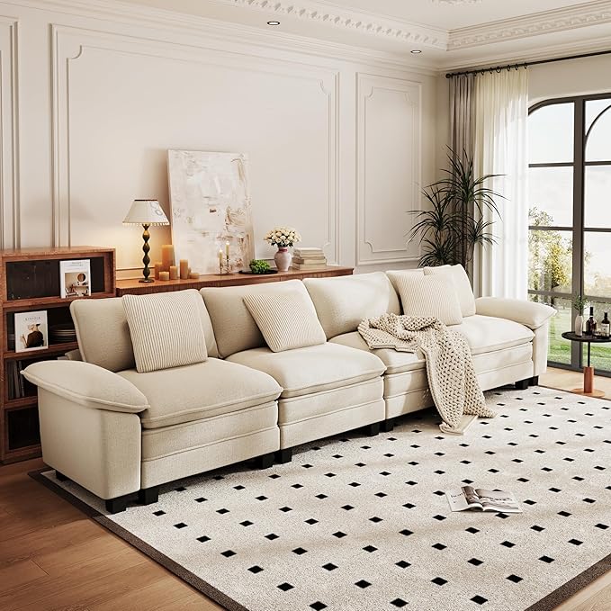 PHI VILLA Cloud Modular Couches Sets, 157.5" Sectional Sofa with Upholstered Deep Seat, 4-Seater Long Couches for Living Room Apartment, Chenille Fabric, Beige