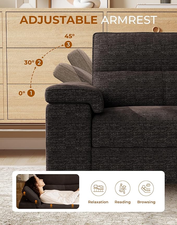 71.25" L Shaped Sectional Couches for Living Room, Deep Seat Sofa with Storage Ottoman & 8”Cushion, Comfy 2-Seater Chenille Loveseat, Convertible Armrest, Removable Cover for Small Space(Dark Gray)