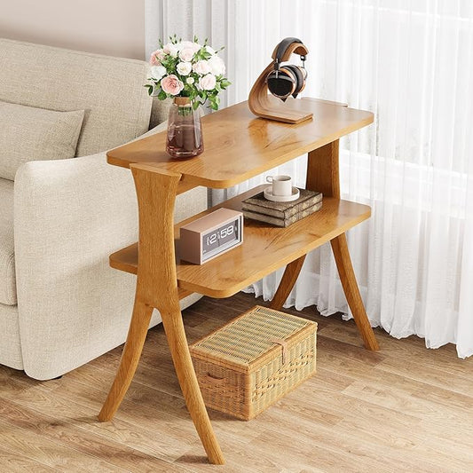 Tribesigns Narrow Side Table for Living Room, Farmhouse End Table with 2-Tier Storage Shelf and Solid Wood Legs, Slim Tall Bedside Table Nightstand for Bedroom, Small Spaces, Entryway, Brown(1)