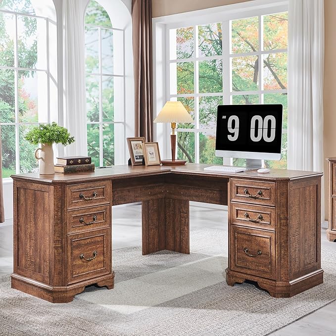 T4TREAM L Shaped Desk with Drawers,59" Farmhouse Wood Home Office Executive Desk,Charging Station,File Drawer, Storage Cabinet,Computer Desk for Work and Study (Reclaimed Barnwood)