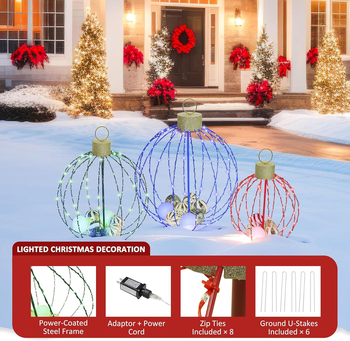 Outdoor Christmas Decorations, Set of 3 Lighted Christmas Ball Ornaments with 570 LED Lights, 6 Ground Stakes, Included 20 Small Plastic Xmas Ball Ornaments for Holiday Decor Yard