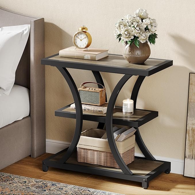 Tribesigns End Table with Storage, 3-Tier Side Table with Geometric Metal Design, Industrial Nightstand for Small Spaces, Living Room, Bedroom, Study Room (2, Grey)