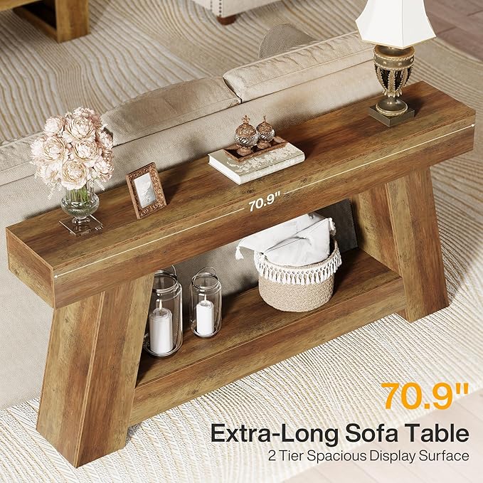 Tribesigns 70.9" Extra Long Console Table, Farmhouse 2-Tier Wooden Sofa Table, Rustic Entryway Tables with Open Storage Shelf for Entrance, Hallway, Living Room (Rustic Brown)