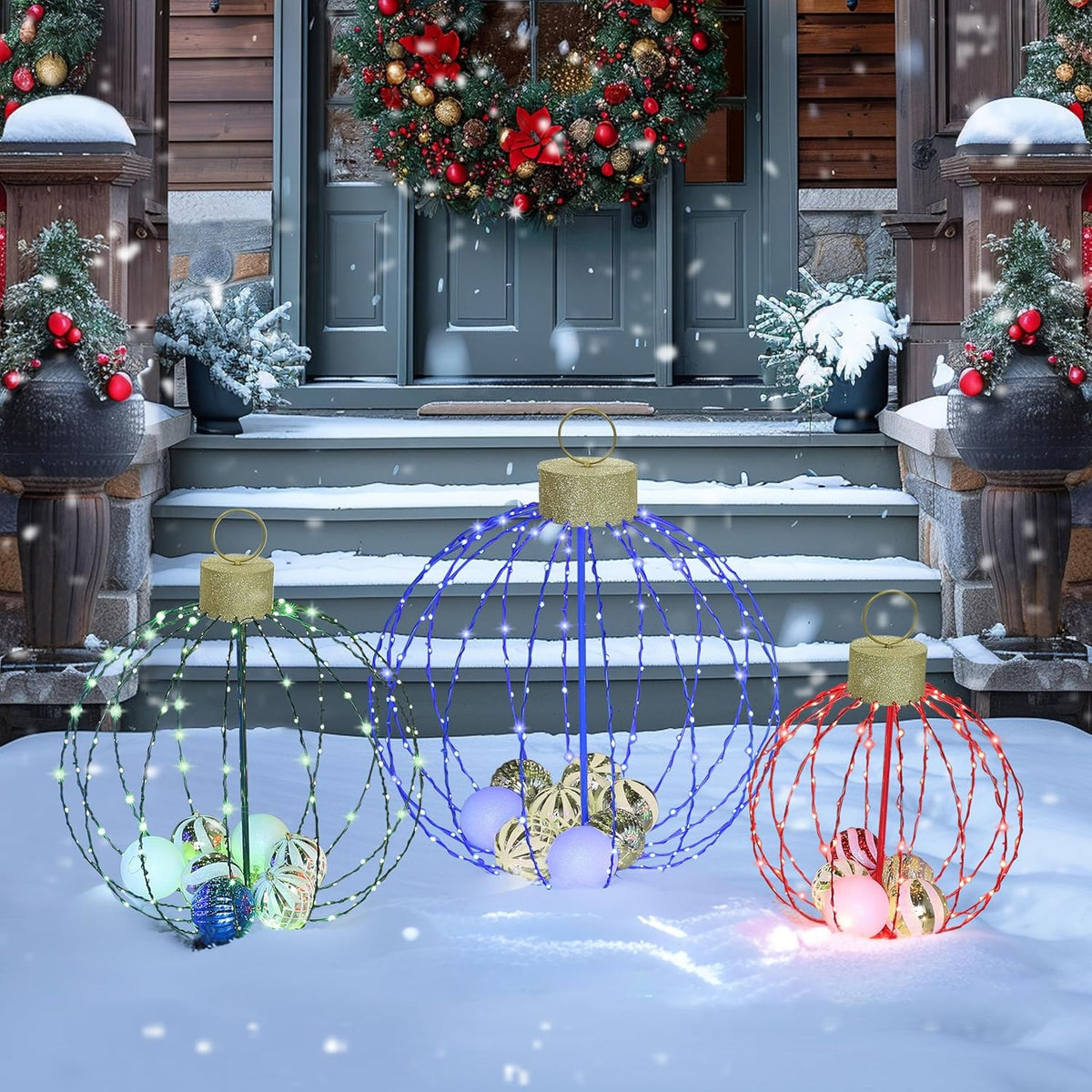 Outdoor Christmas Decorations, Set of 3 Lighted Christmas Ball Ornaments with 570 LED Lights, 6 Ground Stakes, Included 20 Small Plastic Xmas Ball Ornaments for Holiday Decor Yard