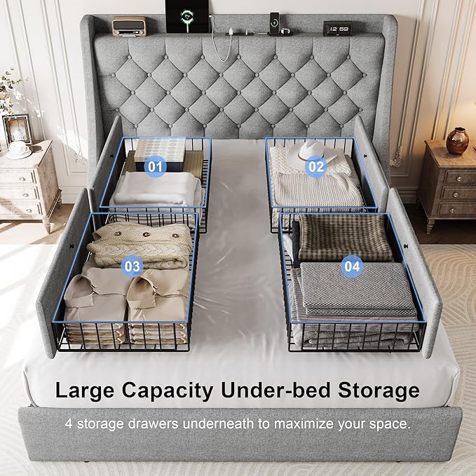 Queen Size Bed Frame with 4 Storage Drawers & Charging Station, Linen Upholstered Platform Bedframe, Button Tufted Wingback Headboard, Sturdy Wooden Slats, No Box Spring Needed, Light Grey