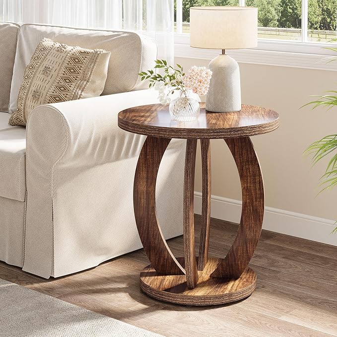 Tribesigns End Table, Round Side Table with Storage, Farmhouse Nightstand Bedside with Round Tabletop, Accent End Table for Living Room Bedroom Small Space, Wooden Accent Furniture (2, Dark Brown)