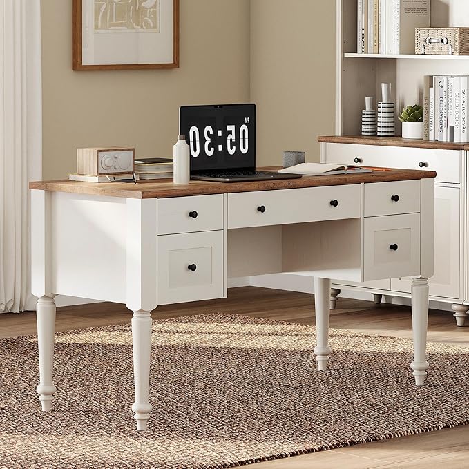 WAMAPT Farmhouse Executive Desk with 5 Drawers, Home Office Desk with Charging Station, Wood Computer Desk with File Cabinet Storage, Door, Open Shelf for Work and Study, White, 55 inch