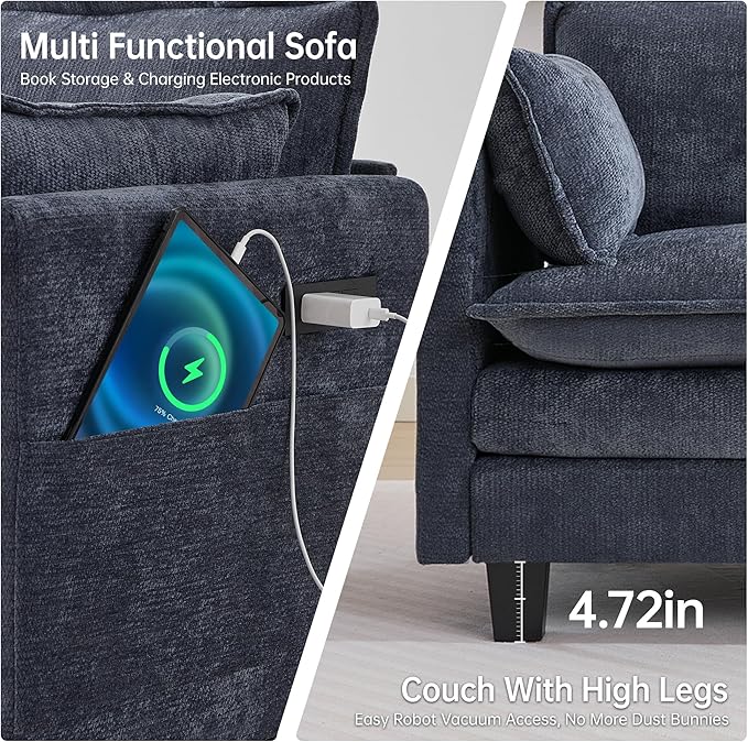 108" Modular Sectional Couches for Living Room with Ottoman, L Shaped Cloud Couch with Charger, USB & Type-c Port, Comfy 4 Seats Sofas with Deep Seat, Chenille Fabric, Blue