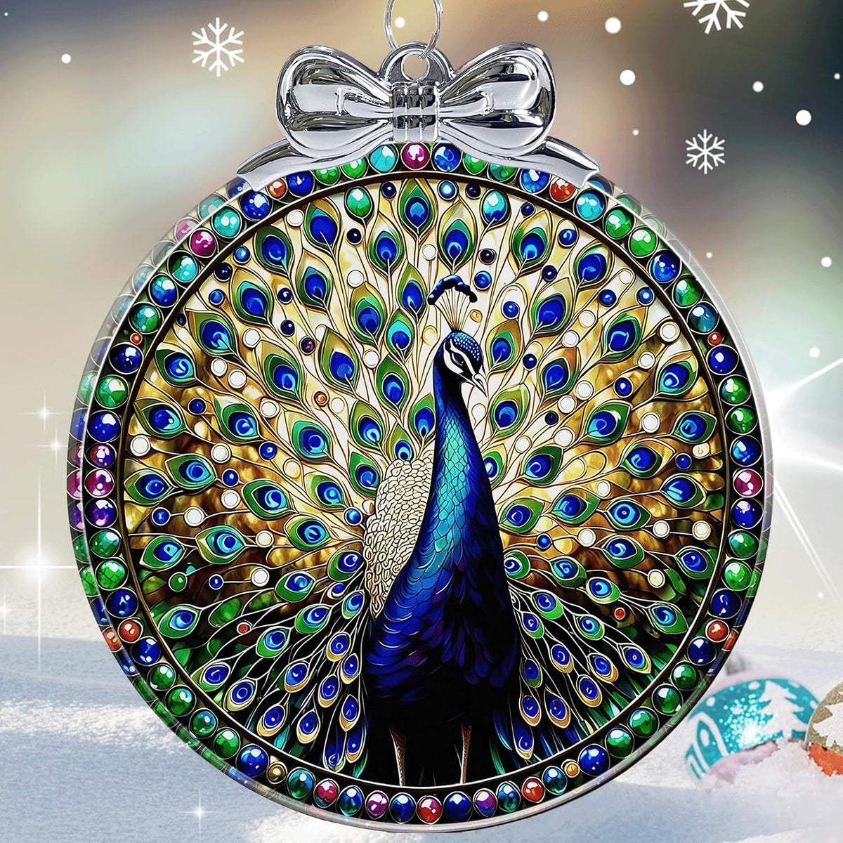 Peacock Stained Glass Christmas Ornament - Hanging Ornaments for Christmas Tree Decorations -Holiday Keepsake Present Exchange Idea