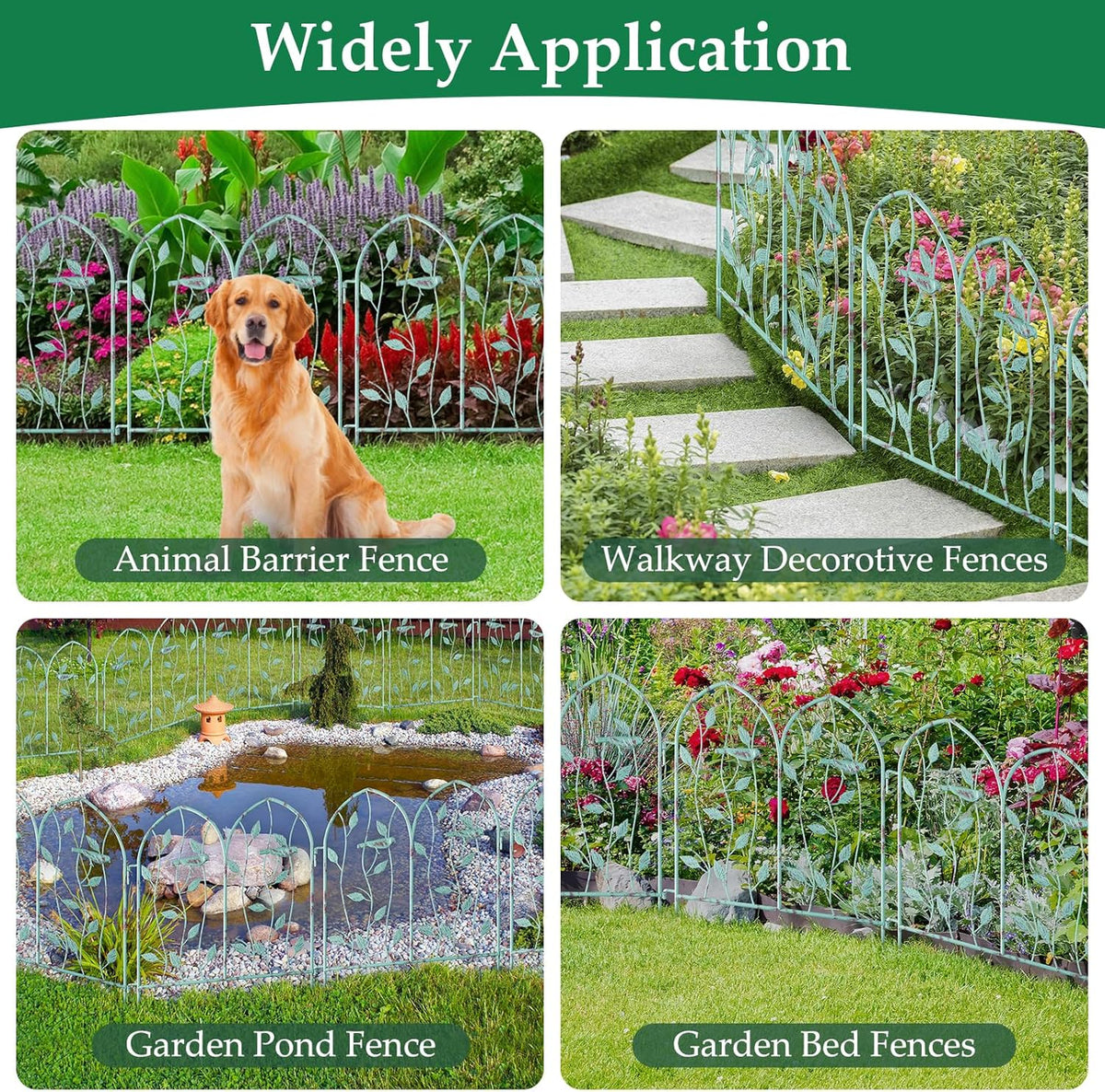 Decorative Garden Fence 4 Pack, 24in(H) x 6.5Ft(L), Metal Garden Fencing Panel, Landscape Pathway Edge Iron Picket Fence Panels, Border for Yard Patio Flower Bed
