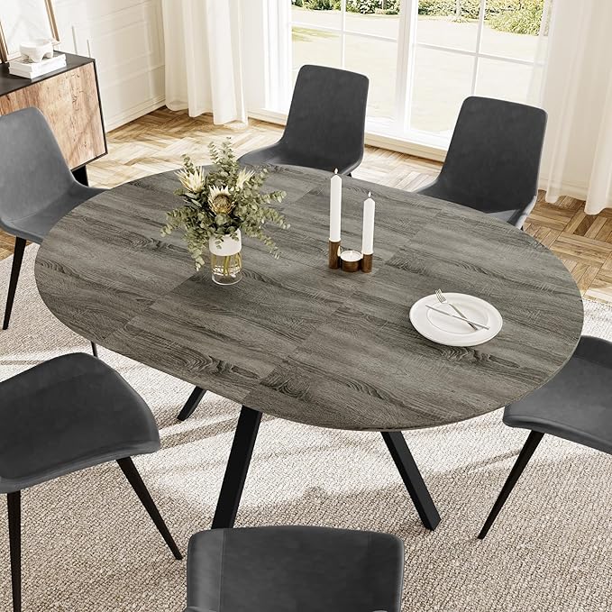 Extendable Round Dining Table Set for 6 People, 43.3"-59.1" Extendable Kitchen Table with 6 Upholstered Chairs, Space Saving for Kitchen Dining Room (Grey Table+6 Grey Chairs)