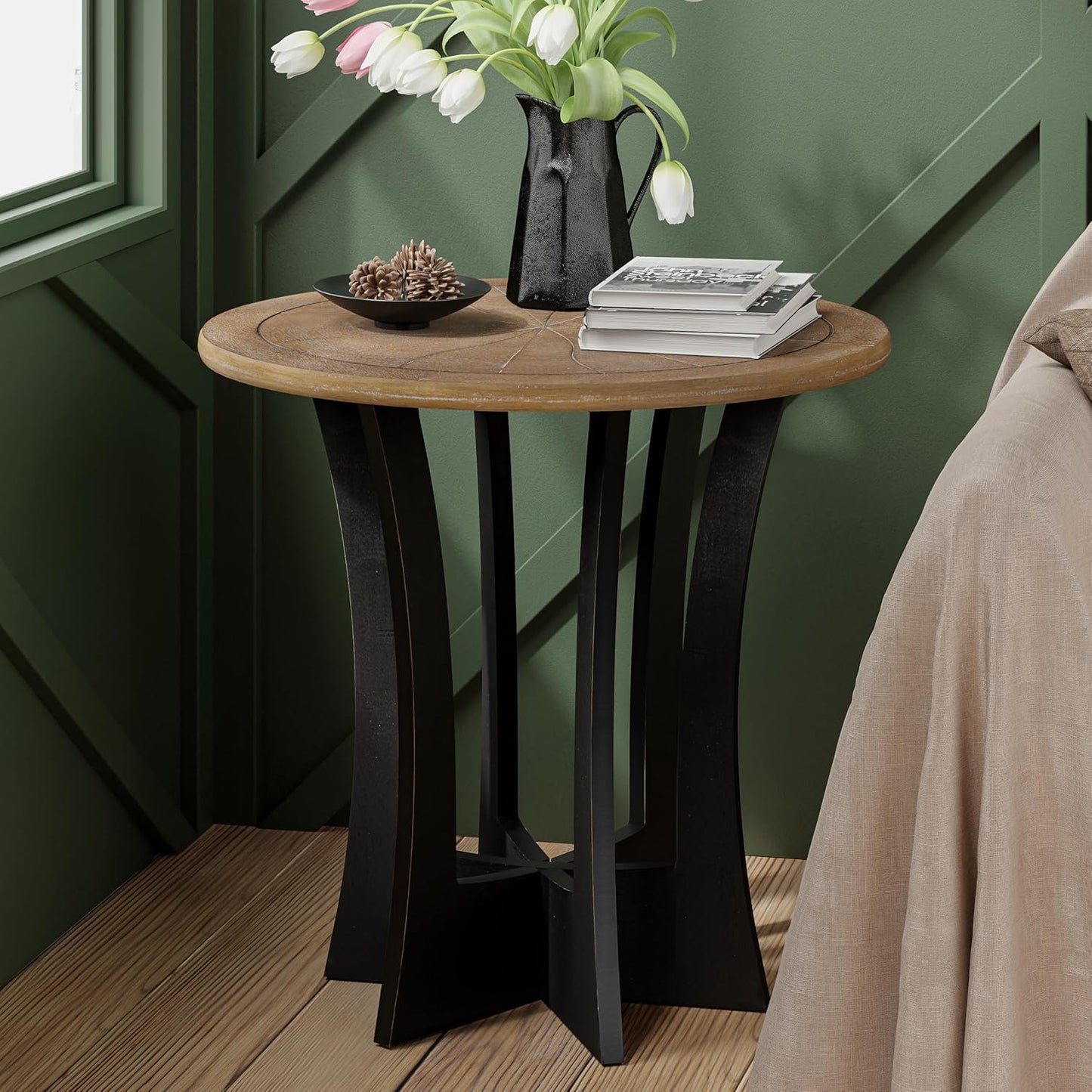 Farmhouse Round End Table with Criss-Cross Wood Legs, Rustic French Country Side Table for Dinning or Living Room, Modern, Black, Natural Wood