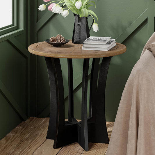Farmhouse Round End Table with Criss-Cross Wood Legs, Rustic French Country Side Table for Dinning or Living Room, Modern, Black, Natural Wood