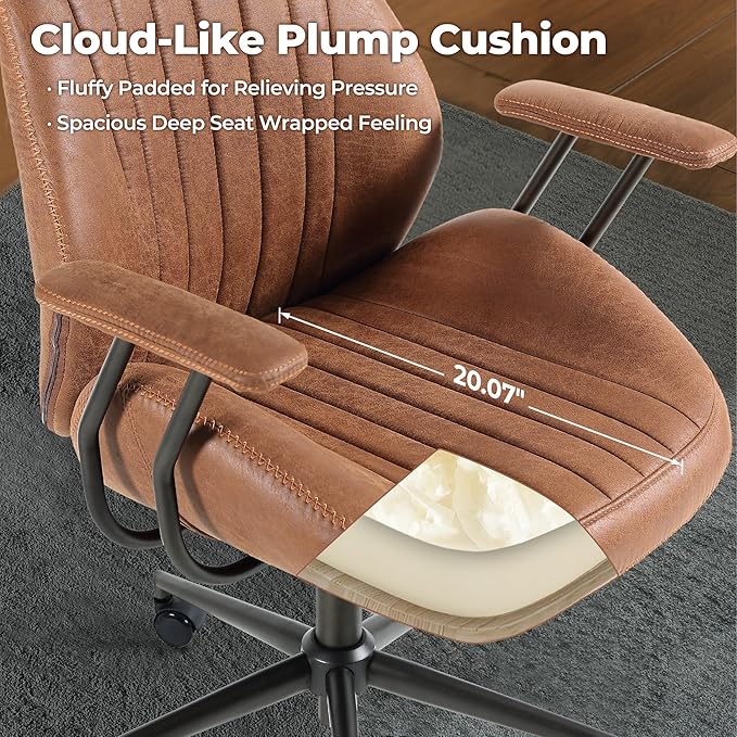 ovios Home Office Ergonomic Chair, Mid-Century Modern Luxury Faux Suede Leather Chairs, Comfy High Back Computer Swivel Rolling Task Armchair for Executive, Brown