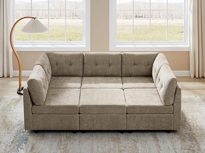 VANOMi 6 Seat Modular Cloud Sofa, 118" Convertible Sectional Cloud Sofas & Couches for Living Room, Comfy Chenille Sectional Couch Sofa for Living Room, Apartment, Office, Camel, L/U Shaped