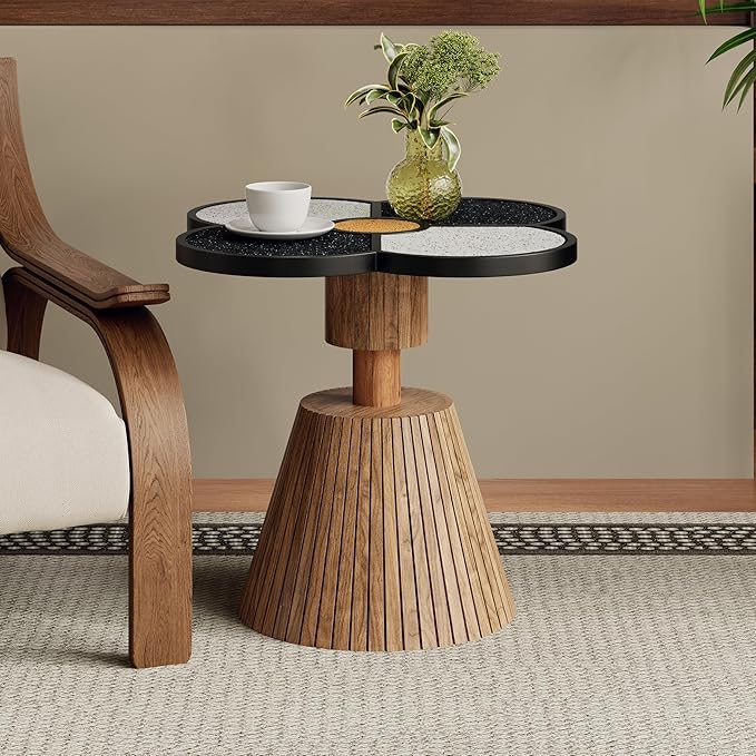 Christopher Knight Home Maven Four-Leaf Clover Side Table for Living Room, Modern Sofa End Table, Wooden Accent Table with Pedestal Base, Natural+Black+White