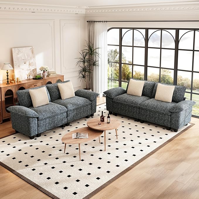 PHI VILLA Cloud Modular Couches Sets, 2 Pieces Sectional Loveseat Sofa Set, 4-Seater Comfy Couch for Living Room Apartment, Chenille Fabric, Dark Cyan